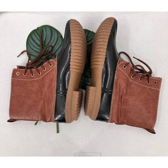 Adriana Brown Black Tan Red Plaid Flannel Lined Lace Up Duck Winter Rain Boots - Picture 8 of 11